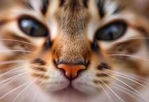 A close up of a cat's face with a blurry background photo