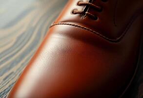 close up of a brown shoe on a wooden surface photo