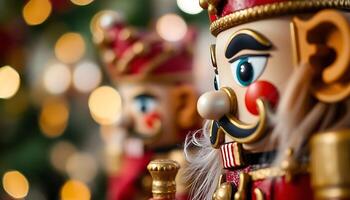 close up of a nutcracker with a christmas tree in the background photo