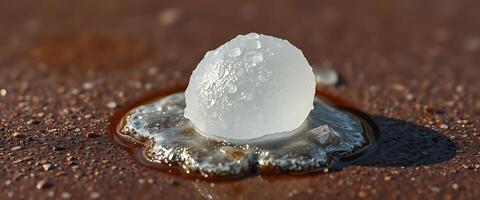 piece of ice sitting on top of a puddle of water photo