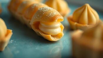 A close up of a pastry with cream inside photo