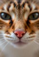A close up of a cat's face with a green nose photo