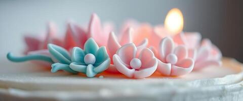 close up of a cake with a candle in the background photo