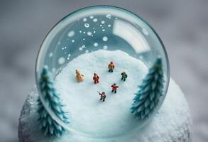 snow globe with miniature people inside of it photo