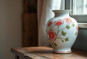 A vase with flowers on it is sitting on a table photo