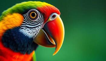 brightly colored parrot with a green background photo