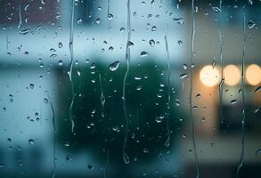 rain drops on a window with a building in the background photo