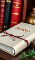 white book with a red string tied around it photo