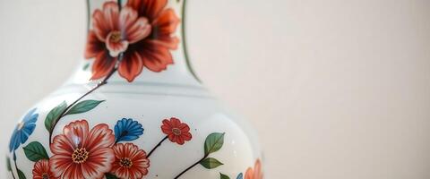 white vase with red and blue flowers painted on it photo
