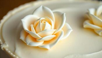 A close up of a white cake with two roses on it photo