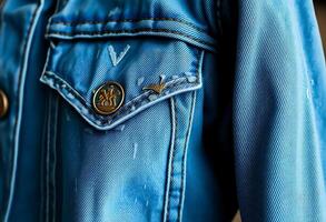 close up of a blue jean jacket with a gold button photo