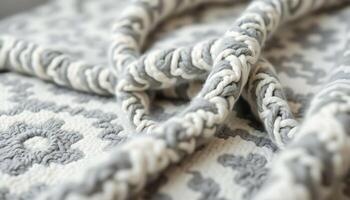 A close up of a blanket with a white and gray pattern photo