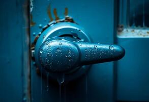close up of a water faucet with drops of water on it photo