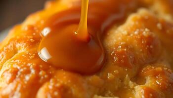 close up of a bun with caramel sauce on it photo