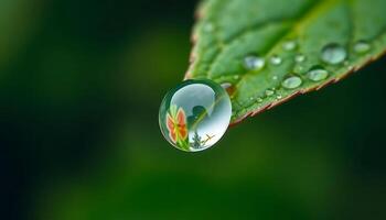 A drop of water on a leaf with green background photo