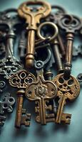 A pile of old keys on a table photo