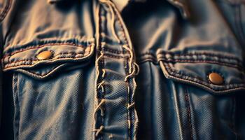 A close up of a denim jacket with buttons photo
