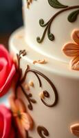 close up of a three layer cake with flowers on it photo