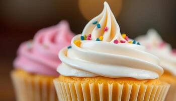 close up of a cupcake with white frosting and sprinkles photo