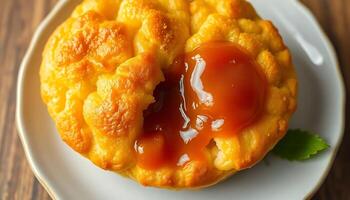 small pastry with sauce on top of it photo
