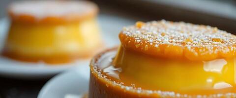 Two small plates with orange pudding on them photo