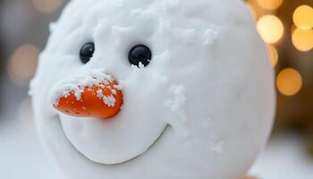 close up of a snowman with a smile on it's face photo