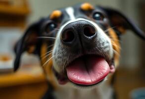 A dog with its tongue out looking at the camera photo