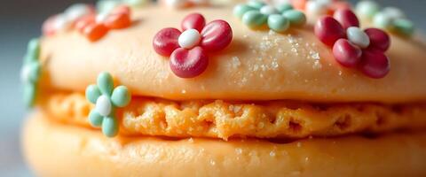 A close up of a colorful macaron with sprinkles photo
