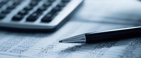 The calculator and pen resting on financial documents for analysis and review. photo