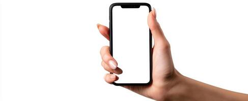The hand holding a smartphone with a blank screen against a white background. photo