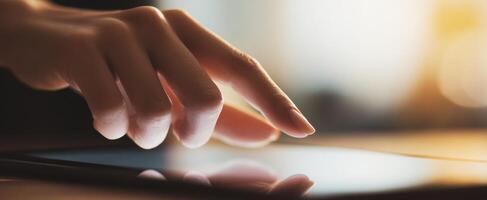 The finger interacting with a touchscreen device in a modern environment. photo