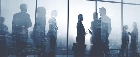 The silhouettes of business professionals engaging in collaboration against a city skyline. photo