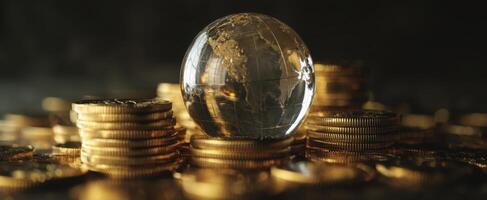 The globe resting on a stack of golden coins symbolizing global wealth. photo