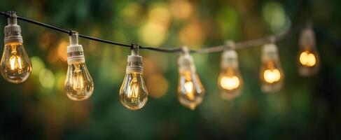 The glowing string lights creating an enchanting outdoor atmosphere at sunset photo