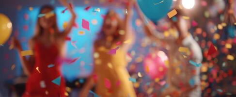 The lively celebration filled with confetti and colorful balloons in a festive atmosphere. photo