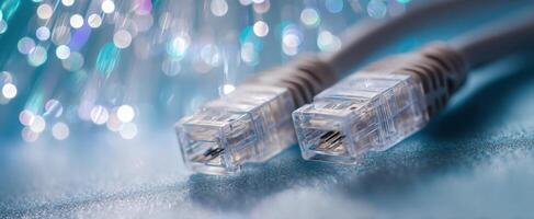 The close-up view of transparent network cables against a vibrant bokeh background. photo