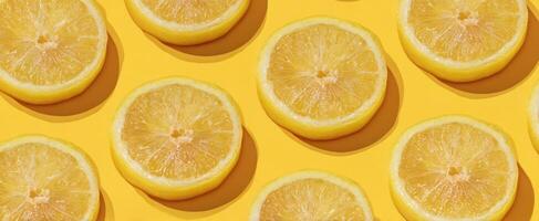 The Bright and Refreshing Lemon Slices on a Vibrant Yellow Background photo