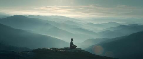 The serene moment of meditation overlooking misty mountain landscapes photo