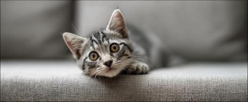 The adorable kitten resting on a couch with curious eyes. photo
