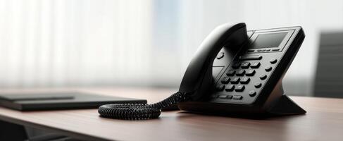 The modern black telephone on an office desk with a minimalistic design. photo