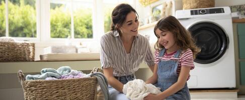 The joyful moments of a mother and daughter bonding over laundry tasks photo