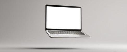 The floating laptop on a minimalist background for modern digital presentations. photo