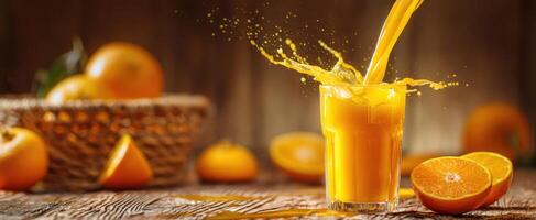 The vibrant orange juice splash in a refreshing glass surrounded by whole oranges photo