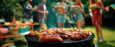 The barbecue sizzling with sausages and vegetables at a vibrant outdoor gathering. photo