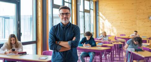 The teacher stands confidently in a modern classroom full of engaged students. photo