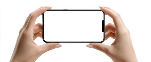 The smartphone held in hands against a white background for display purposes. photo