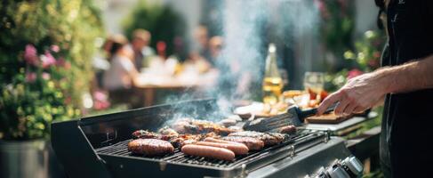 The delicious aroma of grilled meats on a sunny day with friends. photo