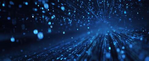 The dynamic flow of digital particles in a blue technological landscape. photo
