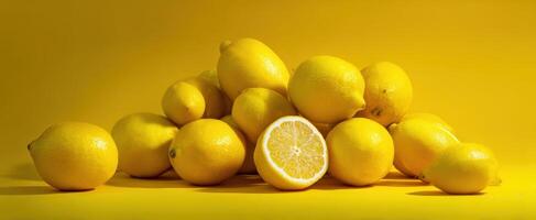 The vibrant display of fresh lemons on a bright yellow background. photo