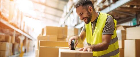 The warehouse worker efficiently scanning packages with a barcode scanner in a busy facility. photo